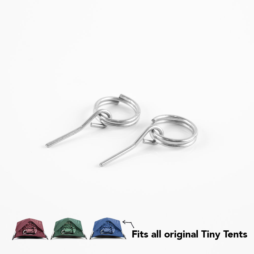 2 corner pin and keyring parts on white background with small tiny tents and text that says "fits all tiny tents and basecamp dome tents