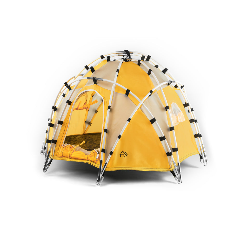 3/4 view of tiny dome tent on white background