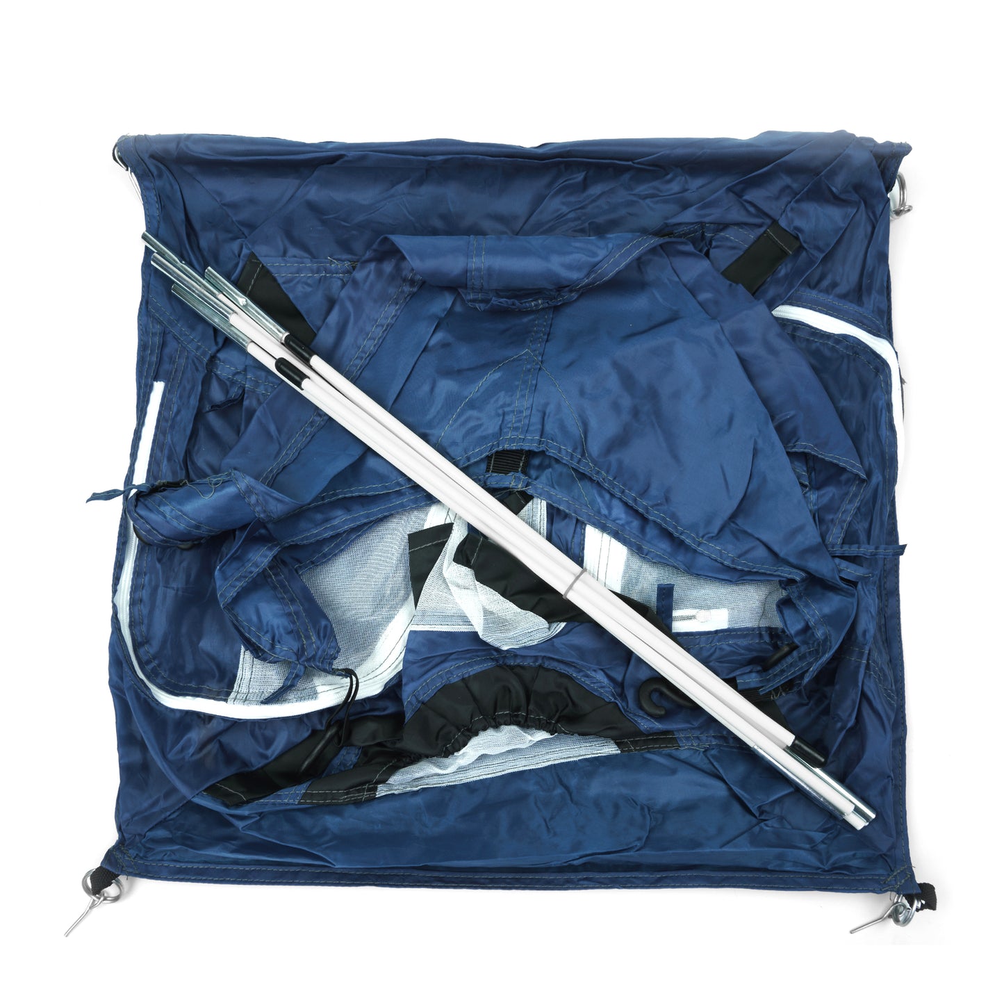 blue tiny tent deconstructed. Shows all included parts.