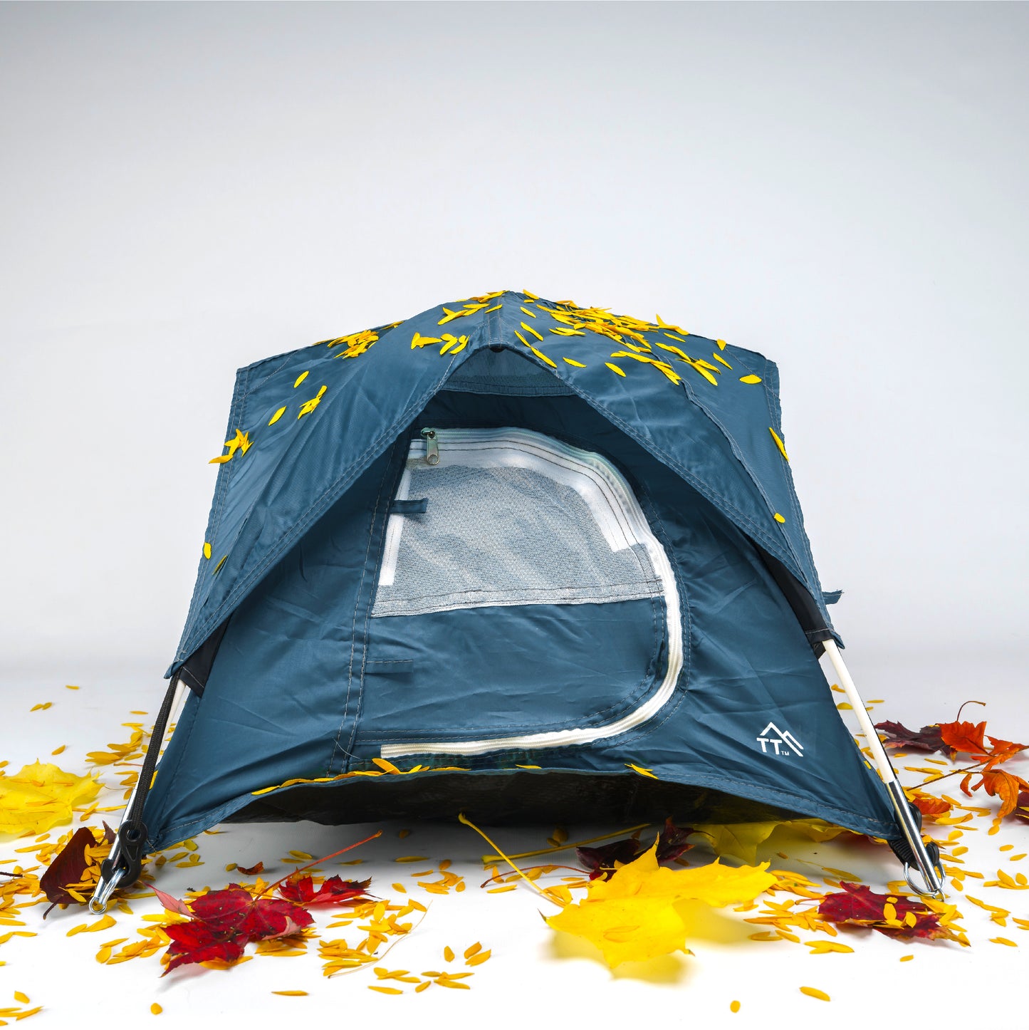 blue tiny tent on white background with colorful fall leaves on the ground