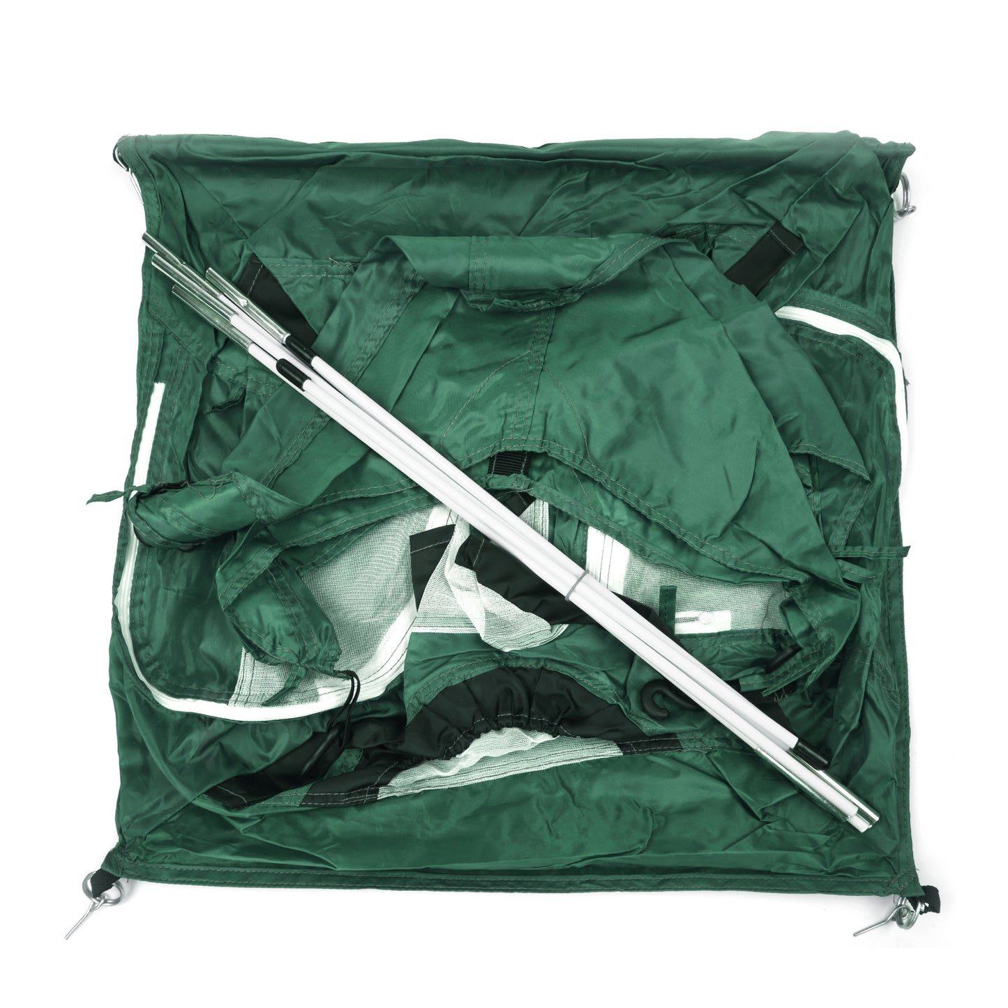 green tiny tent shown deconstructed. All parts are shown.