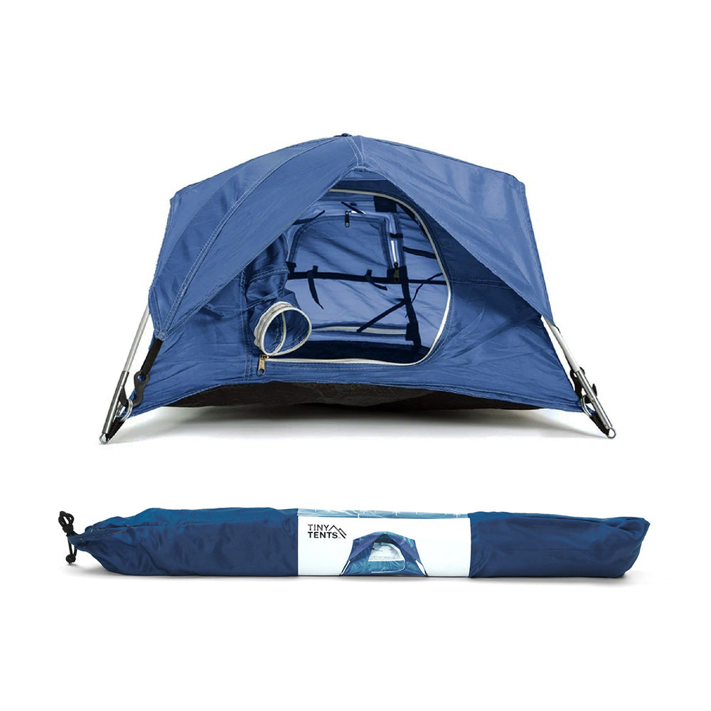 Blue Tiny Tent and tent bag on white background
