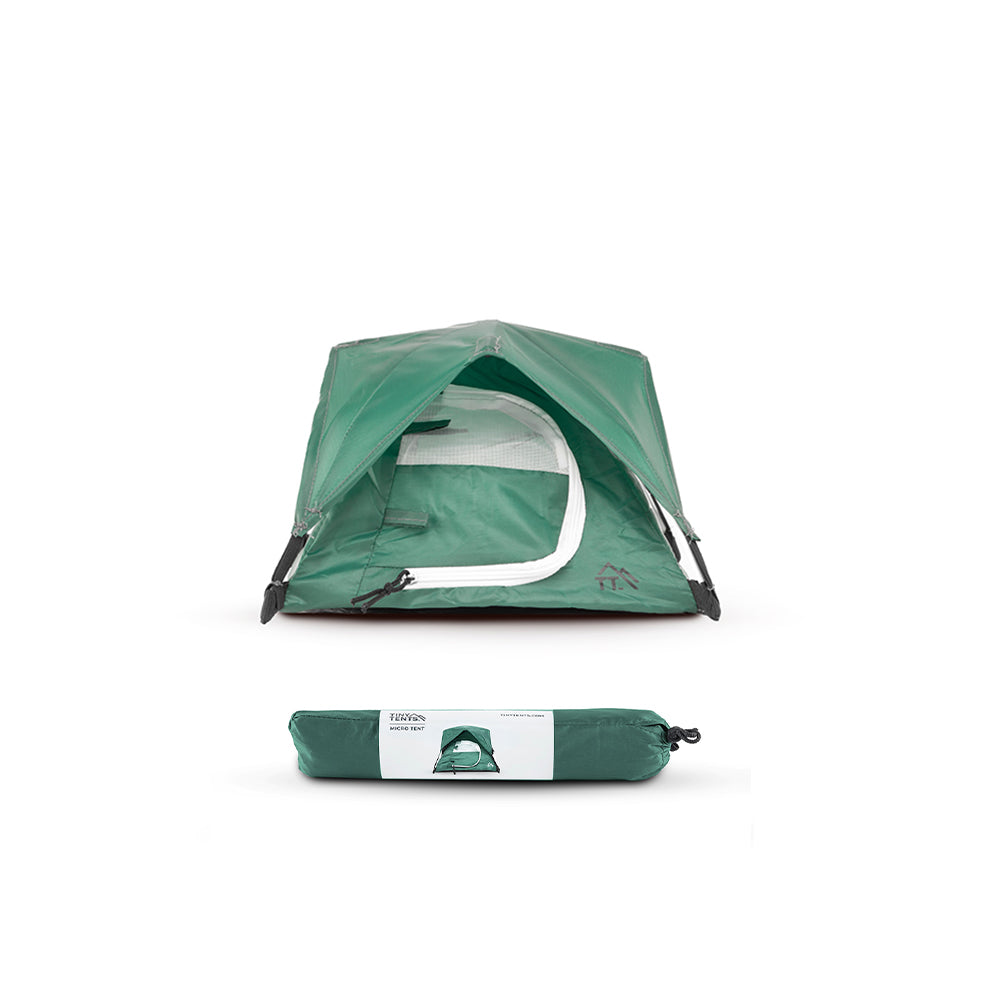 Alpine Green micro tent and storage bag on white background