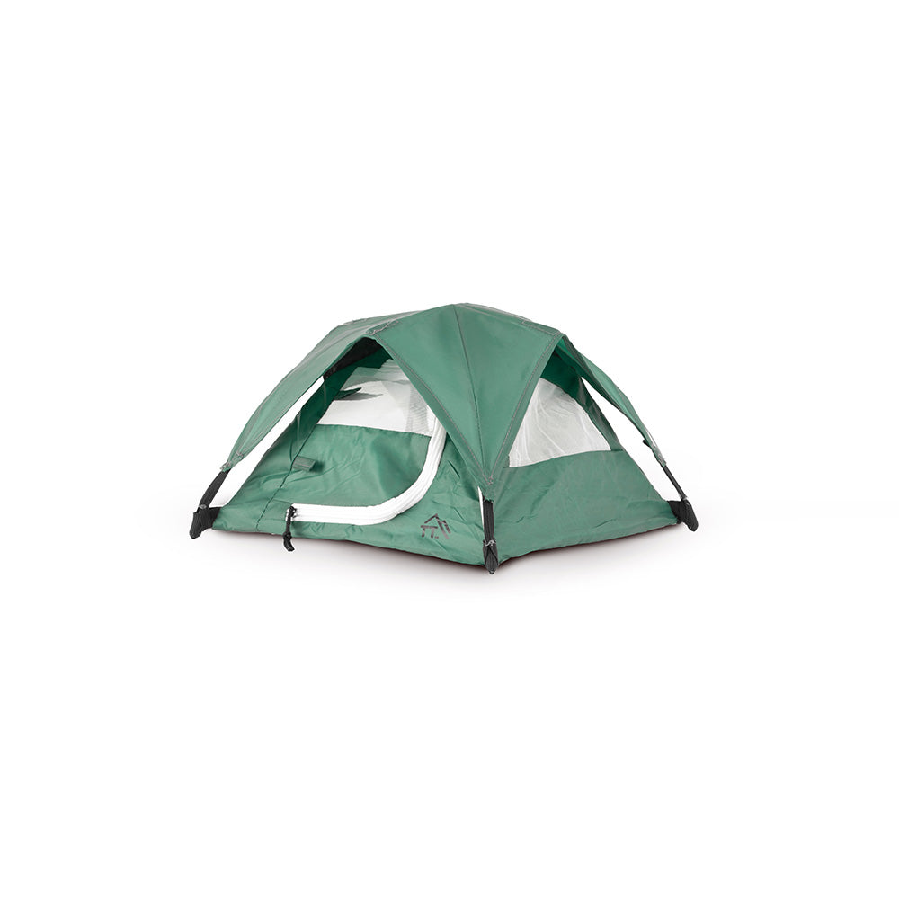 3/4 view of alpine green micro tent on white background