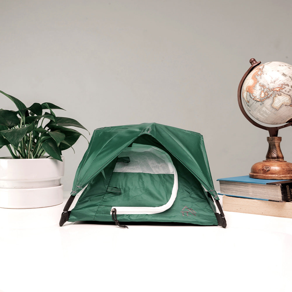 alpine green micro tent in desk setting with plant, books, and small globe
