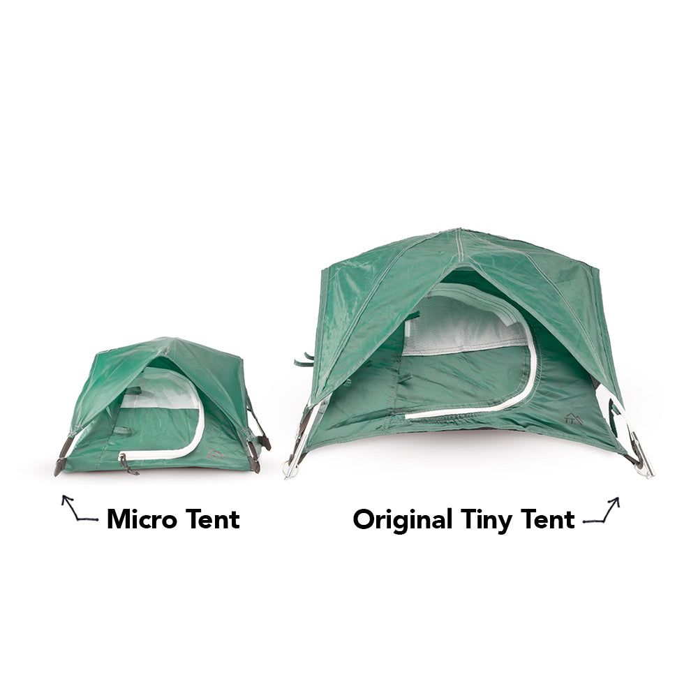 side by side comparison of alpine green micro tent and original tiny tent