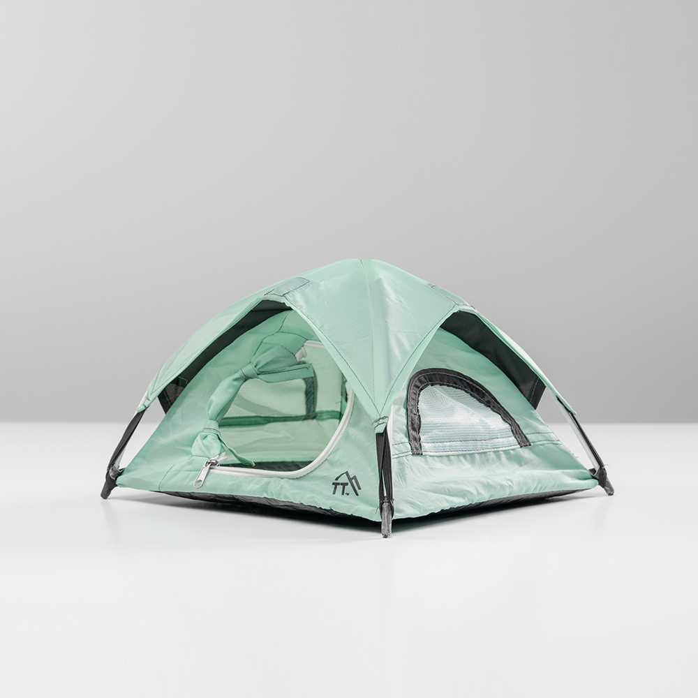 3/4 view of minty teal micro tent on light gray backdrop