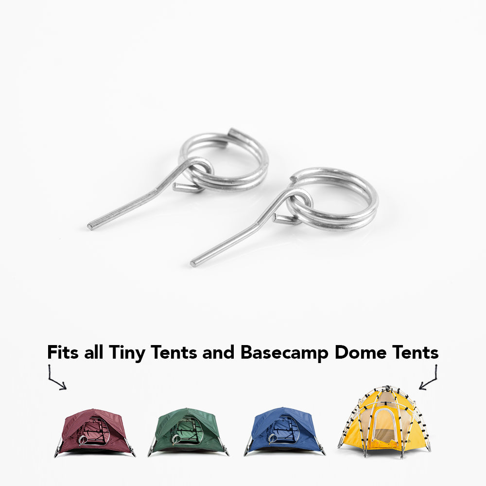 2 corner pin and keyring parts on white background with small tiny tent and dome tents and text that says "fits all tiny tents and basecamp dome tents