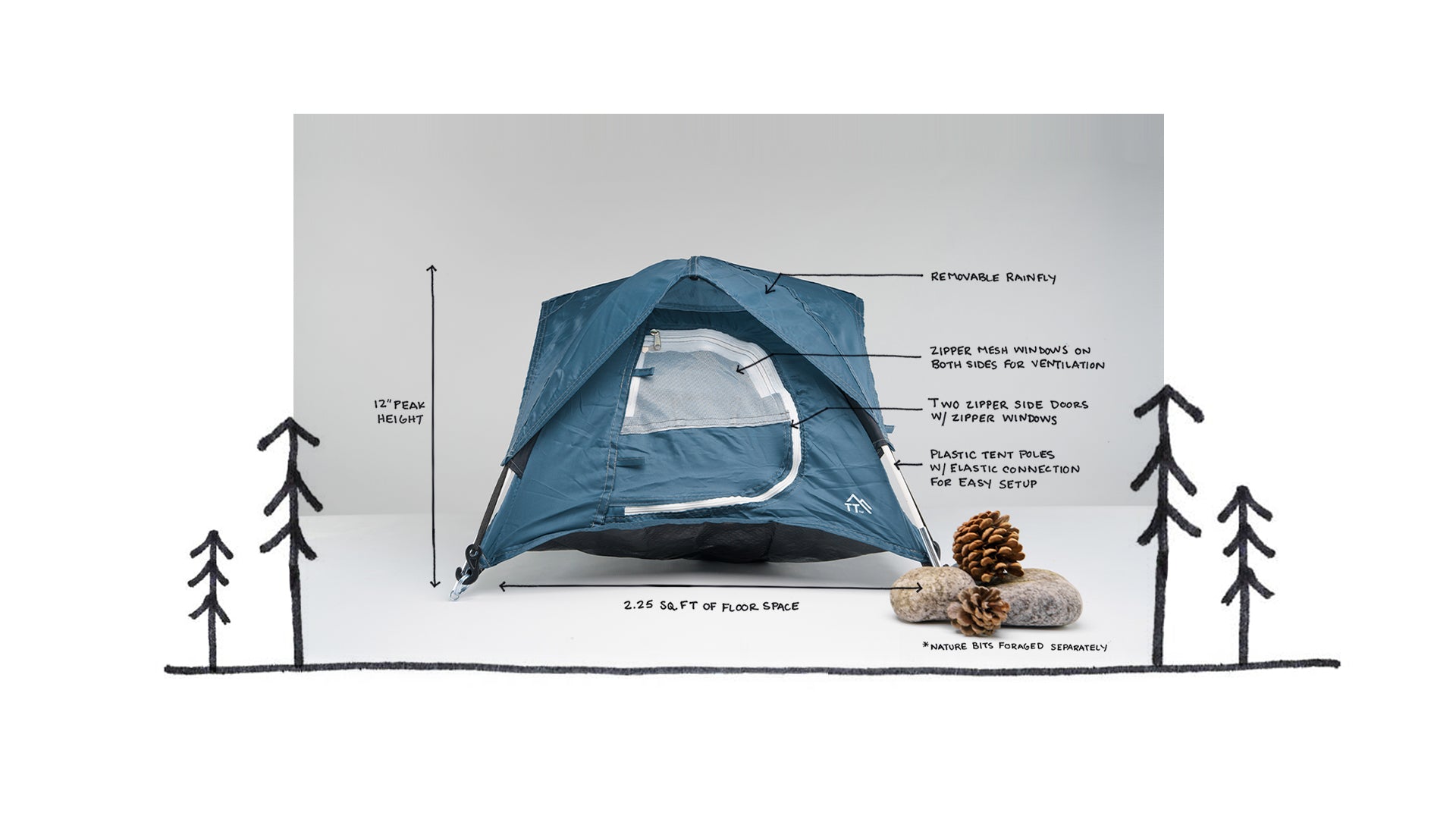 Blue tiny tent next to pinecones and rocks with tree drawings and text that reads: 12" peak height, 2.25 sq.ft. of floor space, removable rainfly, zipper mesh windows on both sides for ventilation, two zipper side doors w/ zipper windows, plastic tent poles w/ elastic connection for easy setup