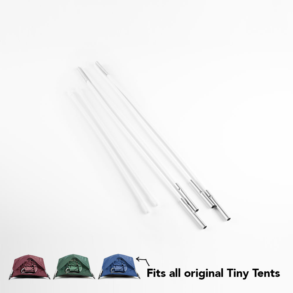 Tiny tent poles on white background with small tiny tent images and text that says "fits all original tiny tents"