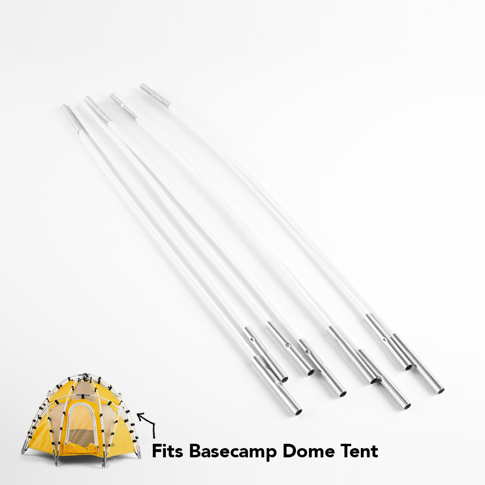 Basecamp Dome Tent poles on white background with small image of Dome tent with text "Fits basecamp dome tent"