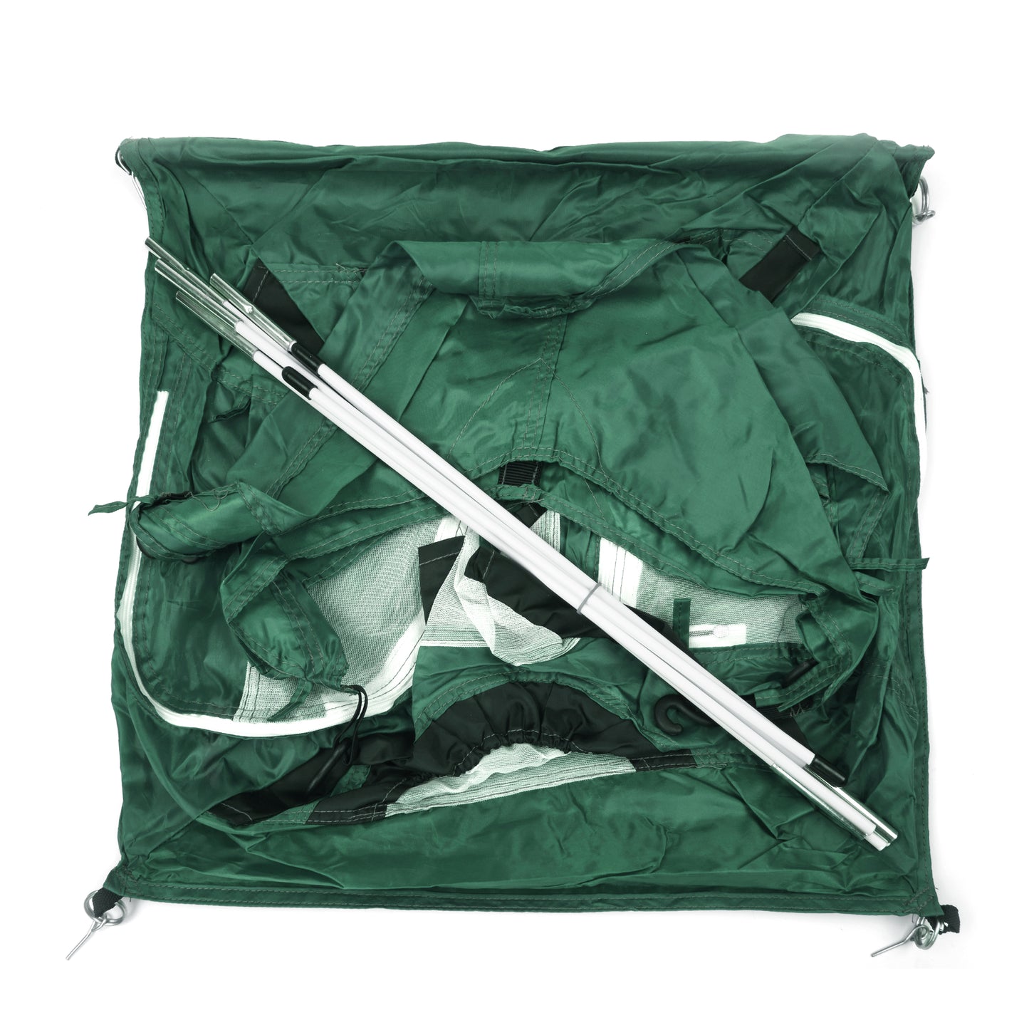 green tiny tent shown deconstructed.  All parts are shown.