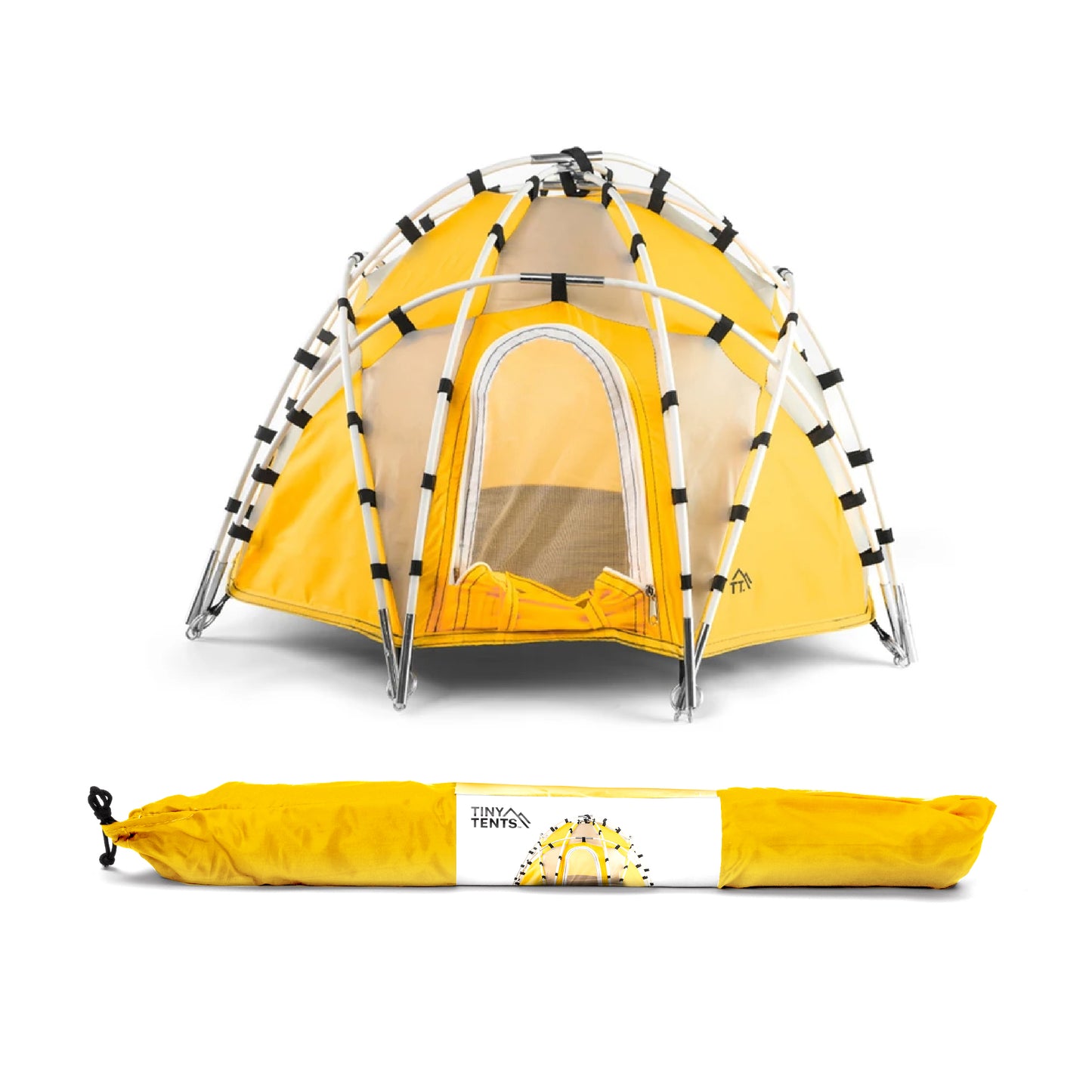 yellow dome shaped tiny tent with packed up tent in front of it on a white background.