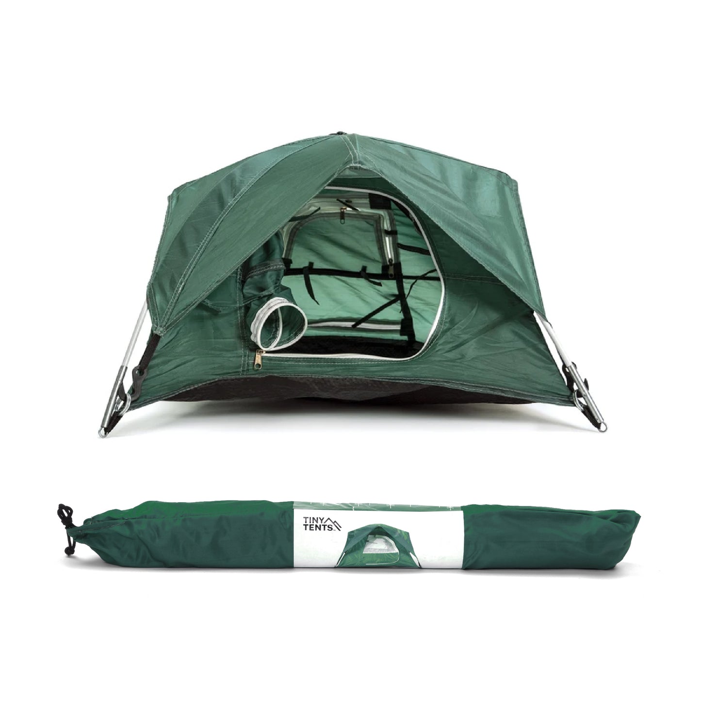 green tiny tent shown in front of packed up tiny tent on a white background